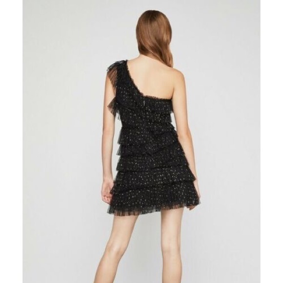 BCBGMaxAzria One Shoulder Metallic Lace Party Dress Black Golden - Picture 4 of 11